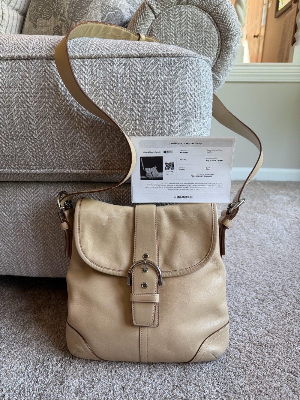 Vintage Coach Soho 9480 Leather Buckle Flap Shoulder Crossbody Bag Beige + COA